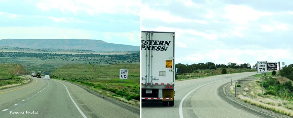 制限時速80マイルのユタ州と75マイルのコロラド州を走るインターステート･ハイウェイ70号線東行きの前方車窓風景