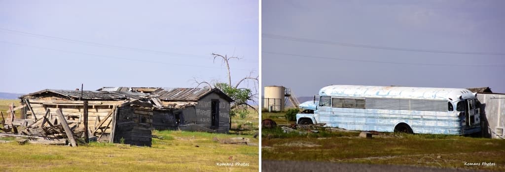 ユタ州のゴーストタウン・シスコに残された木造廃墟とレトロなバス車体