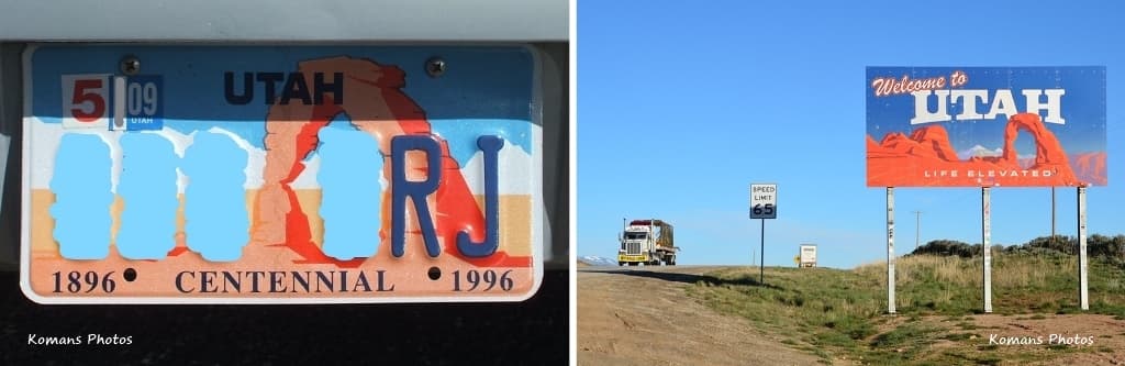 ユタ州の車のライセンスプレートと州境のウェルカムサインにイラストデザインされたデリケートアーチの姿